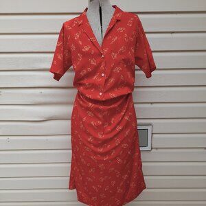 Vintage Silky Red Dress Yellow Leaves 37" Bust Jack Mulqueen Silksational